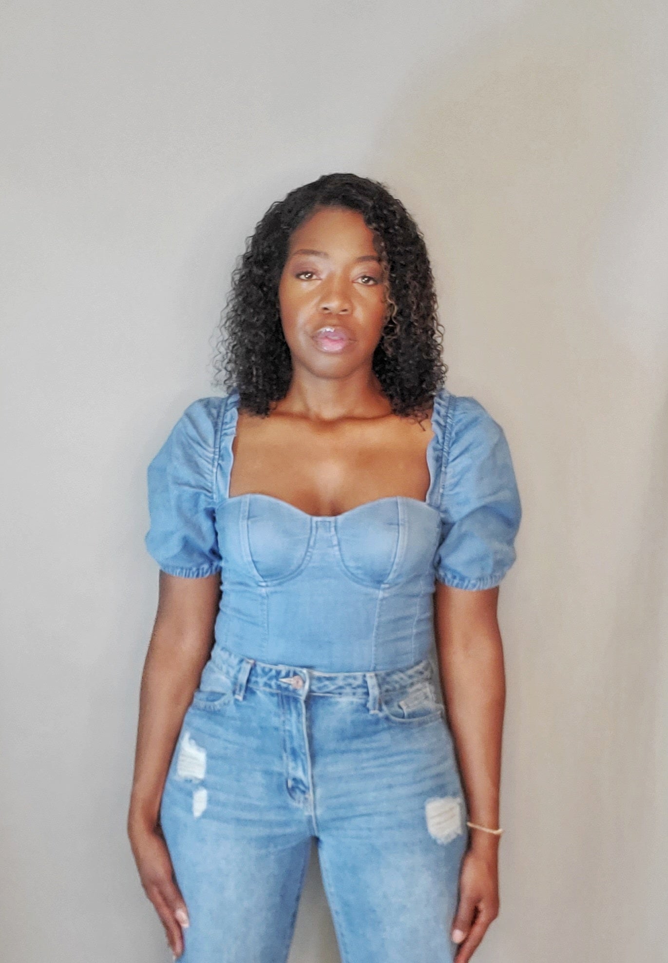 Denim Puff Sleeve Bodysuit