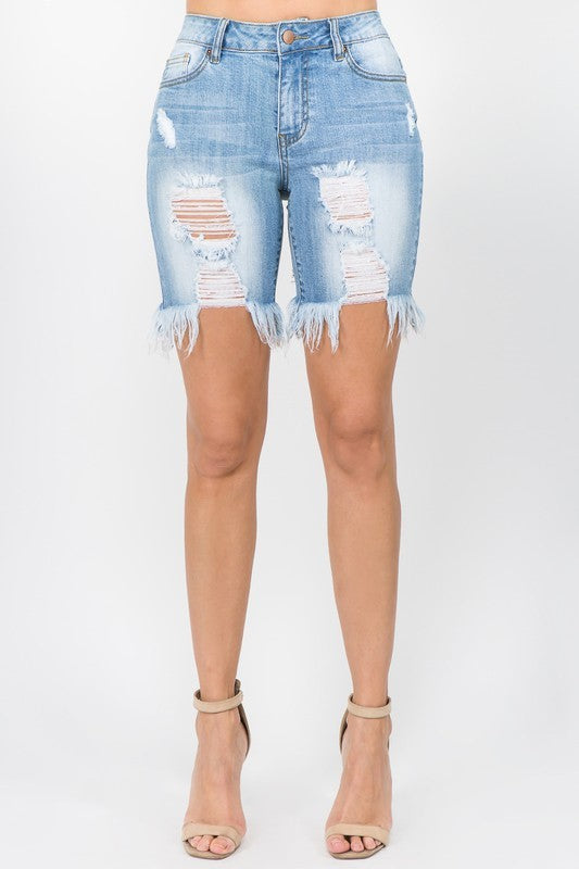 Light Denim Distressed Shorts