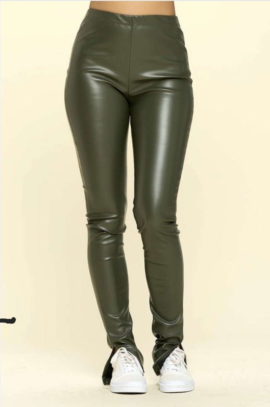 Olive green fashion leather pants